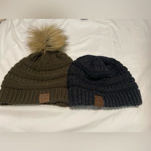 New Never Worn Winter Beanie Hats|CC Knit Hats | Olive Pom Pom and Navy Skully